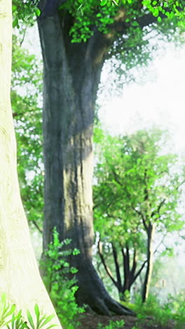 majestic trees bask in morning light within a serene forest landscape