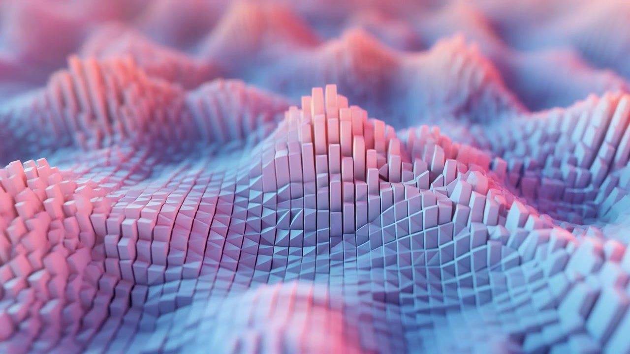 Abstract 3D Wave Motion with Glowing Pink and Blue Cubes