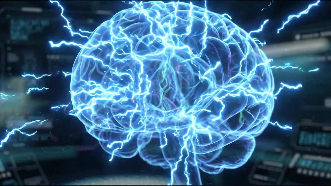 Glowing human brain model frontal view neurology scan