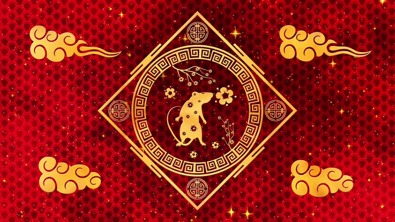 fondo de año nuevo chino rojo con oro, rata, fuegos artificiales, 3d rendering bucle 4k. mágica feliz año nuevo animación