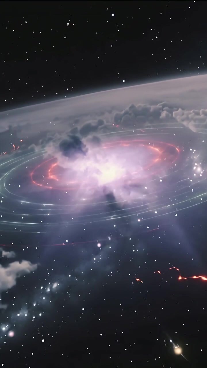 Video verticale: La telecamera ingrandisce, un disco ad anelli ruota sopra il bordo di un pianeta, rivelando un nucleo viola