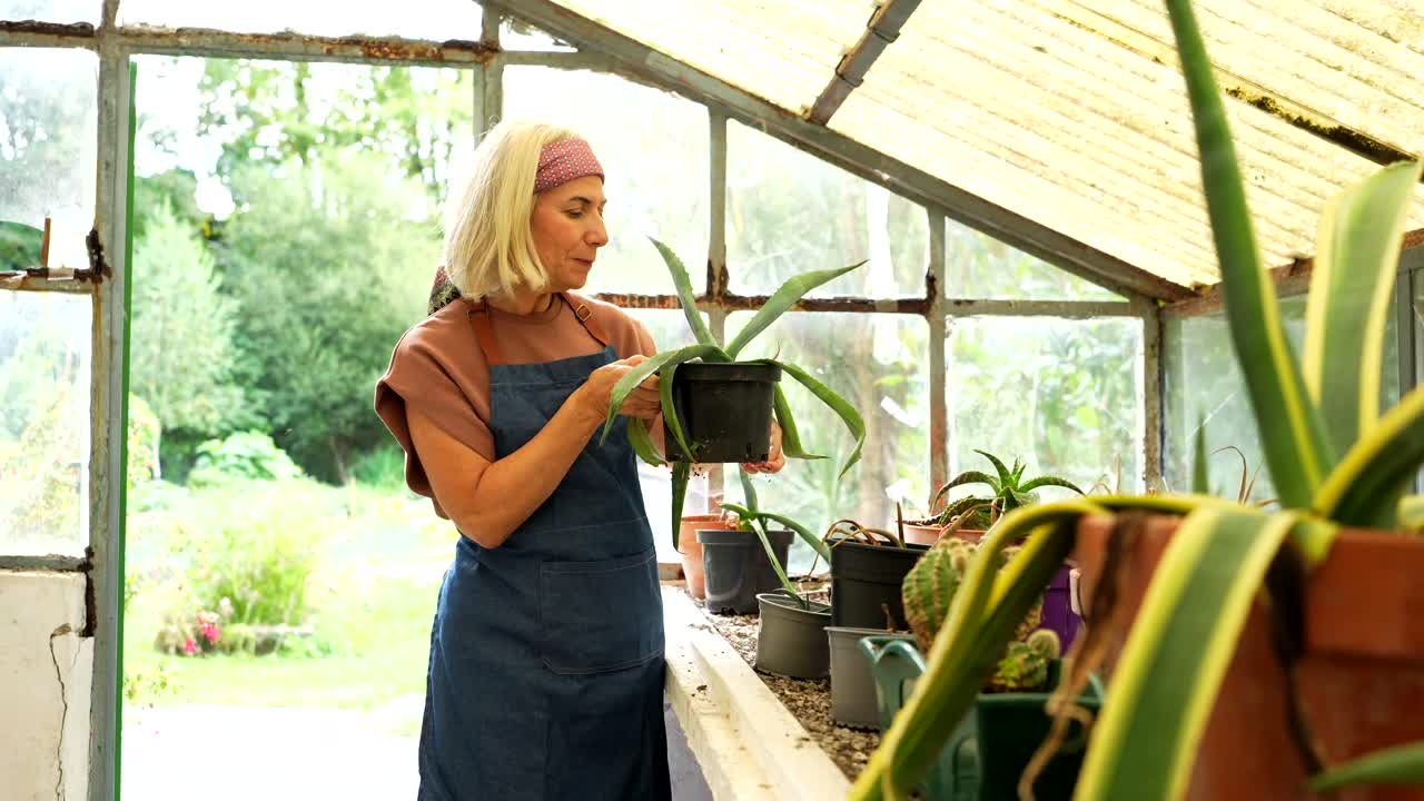 Woman Gardening with Plants in Greenhouse