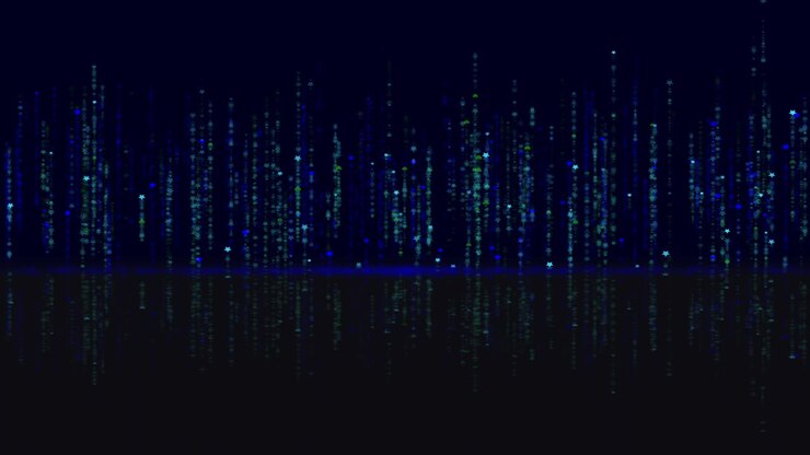 Abstracts background, Blue neon technology background. Abstract application code moving in a cyberspace. Data flow texture. Script running on a screen. HUD concept. Bright beams falling down. Seamless loop.