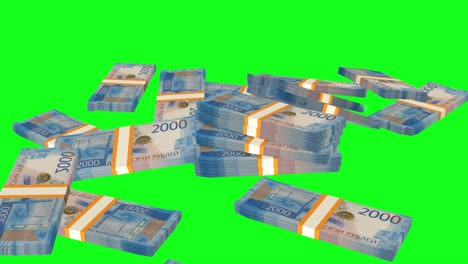 크로마키의 배경에 떨어지는 많은 돈 어리 2000 러시아 루블 지폐.