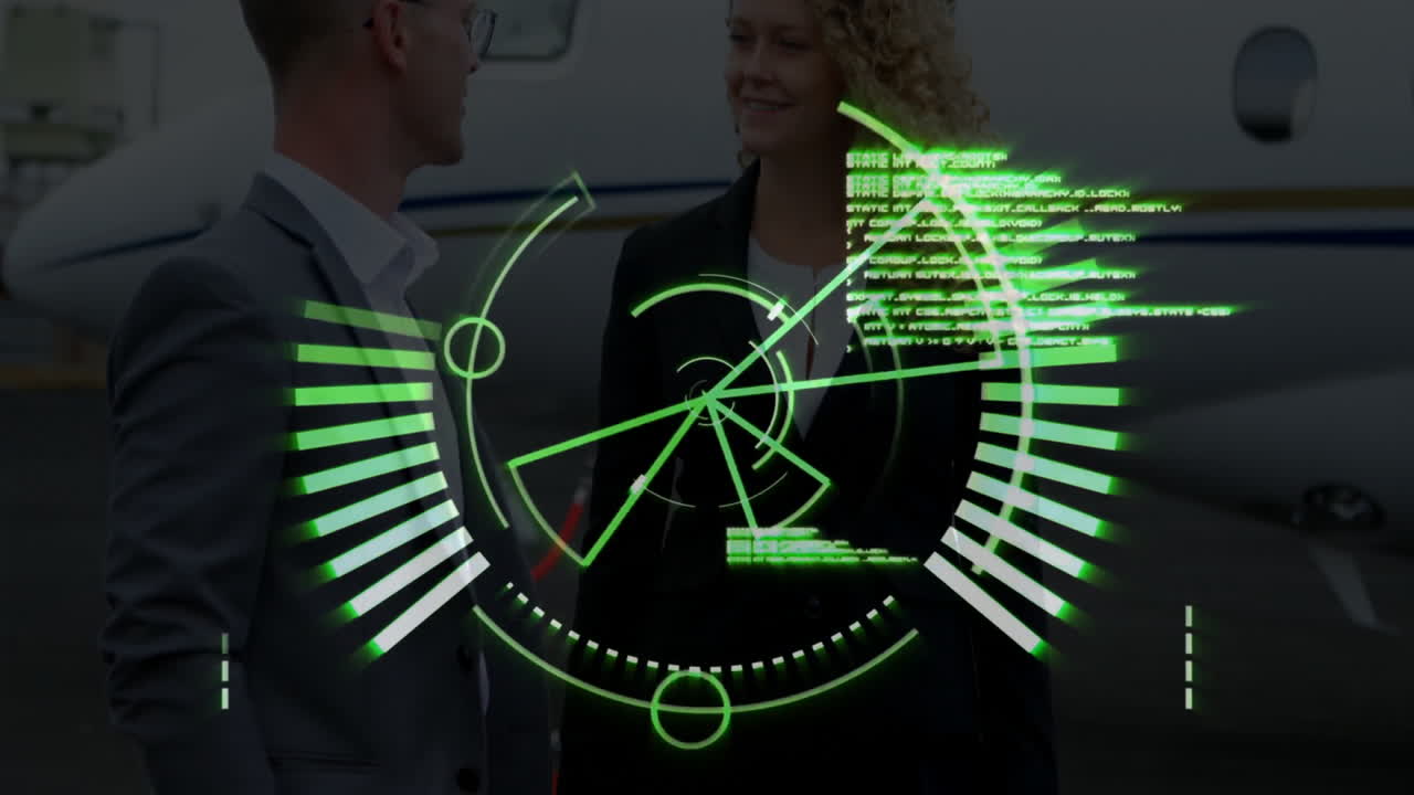 Digital interface animation over business professionals standing near private jet