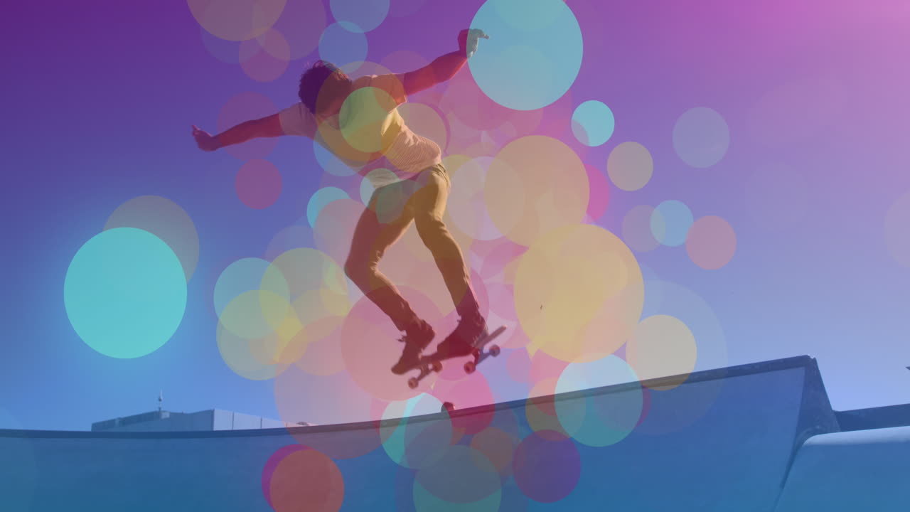 animación de puntos de luz sobre el hombre caucásico en patineta