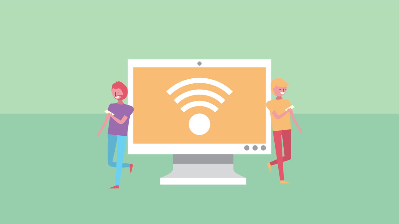 pareja joven con escritorio y wifi