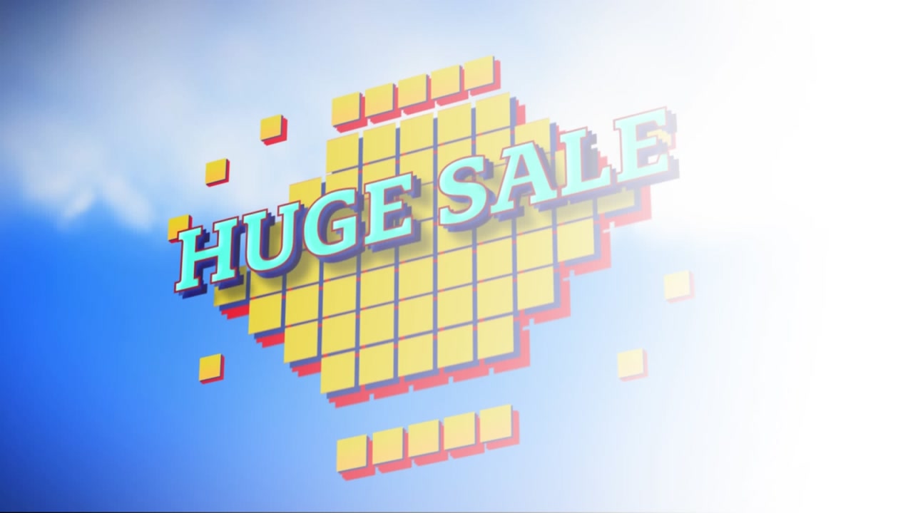 Animation of huge sale text on 3d squares over dense clouds over blue background