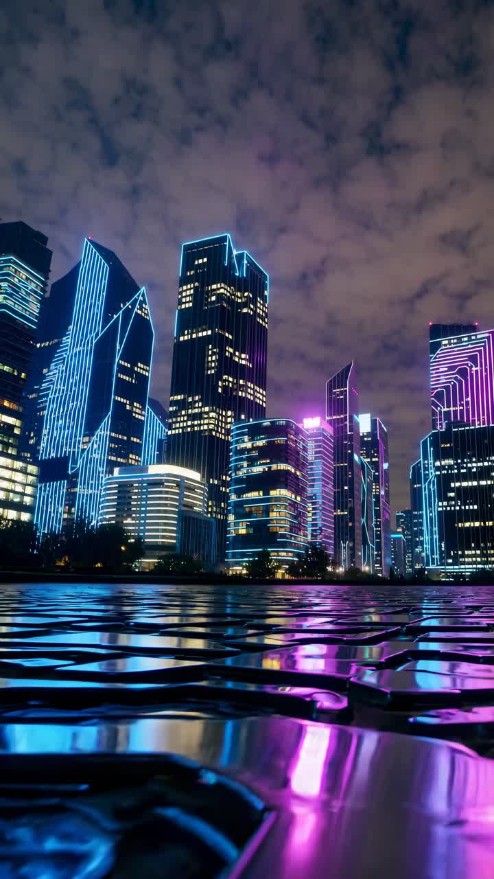 A low-angle video captures futuristic skyscrapers with neon lights against a cloudy night sky