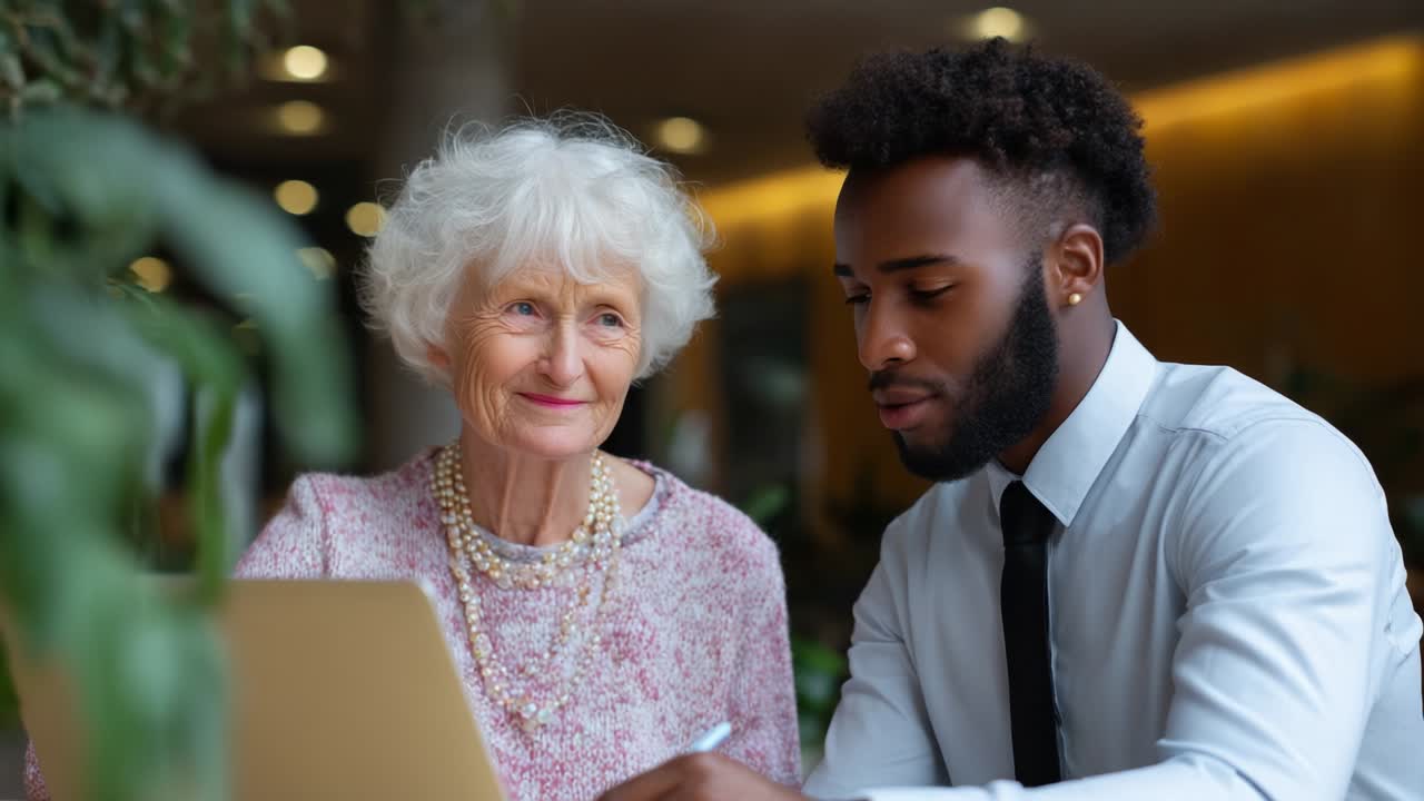 An elderly woman and a young man working together