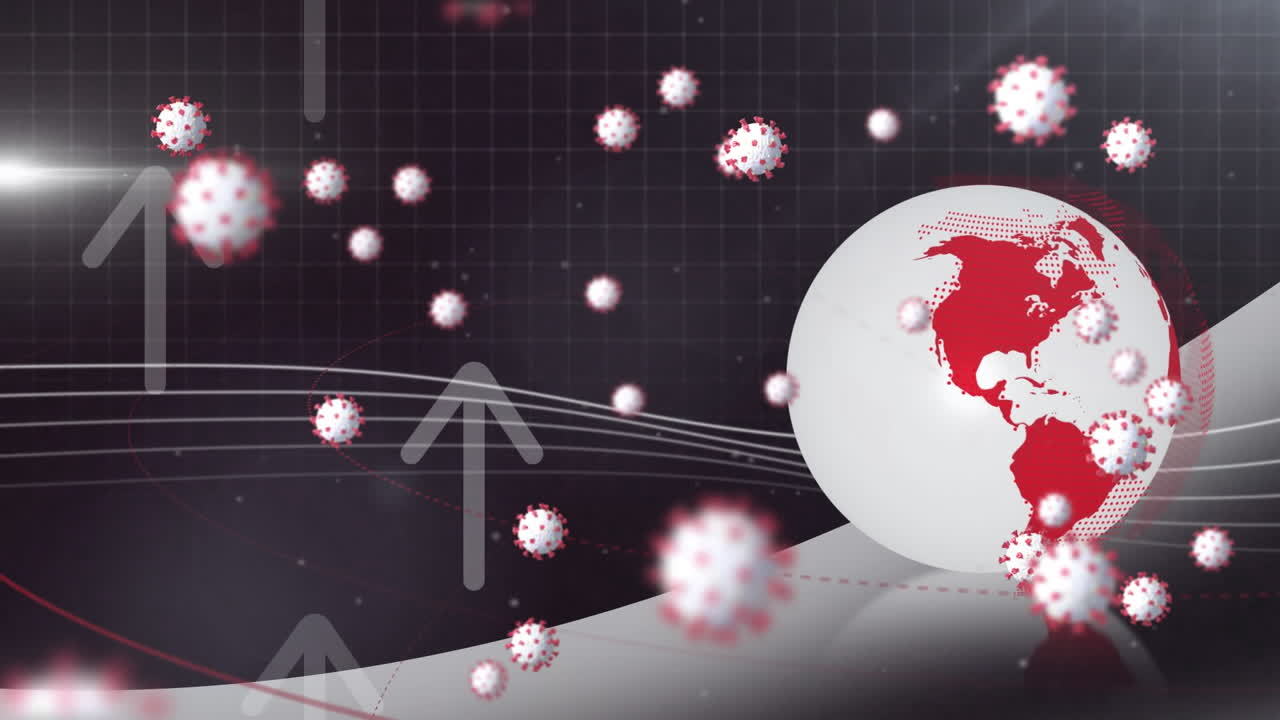 코로나19 세포가 화살표와 지구 위를 날아다니는 애니메이션