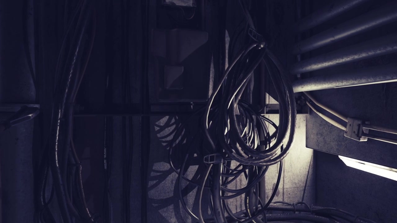 Electric technician checks wiring and plumbing inside confined dirty space