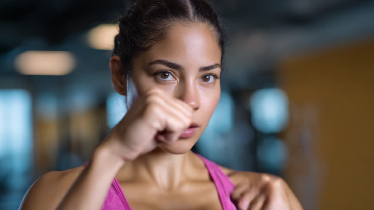 Empowered Woman in Action: A Determined Fighter Ready to Tackle Life's Challenges with Confidence and Strength in the Gym Setting, Showcasing Fitness and Focus