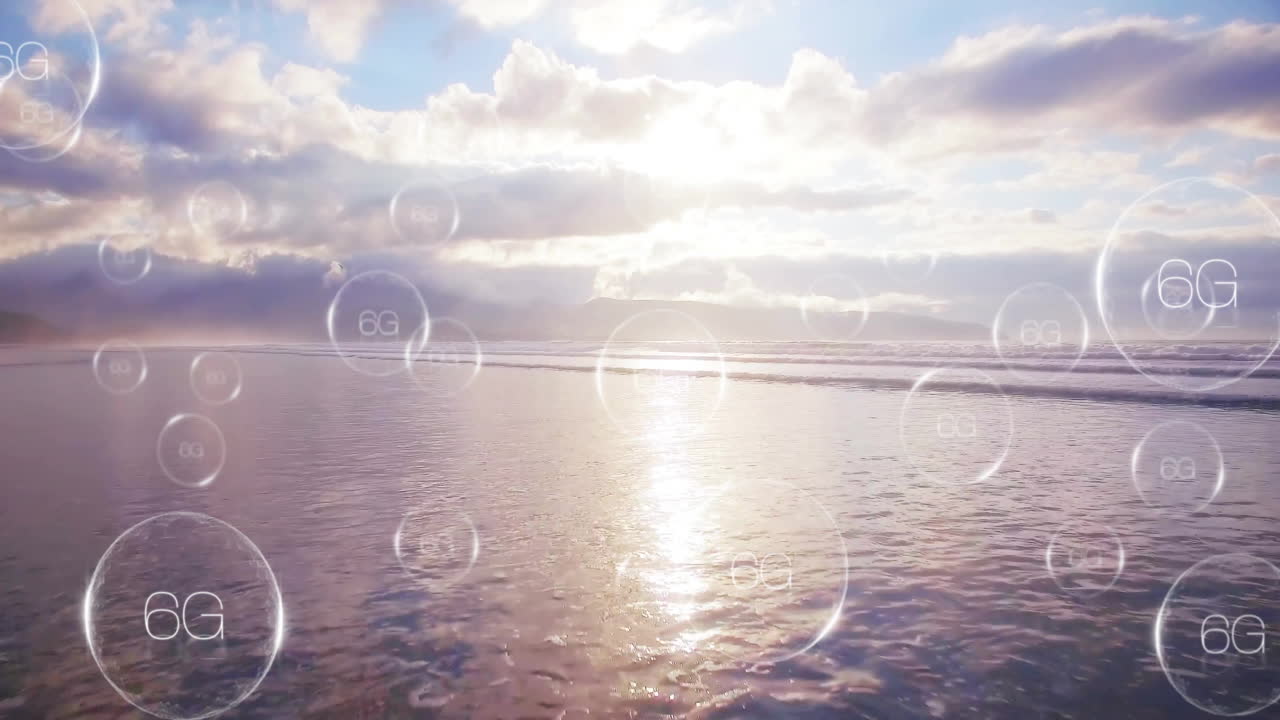 Floating 6G network symbols over ocean during sunrise animation in school project