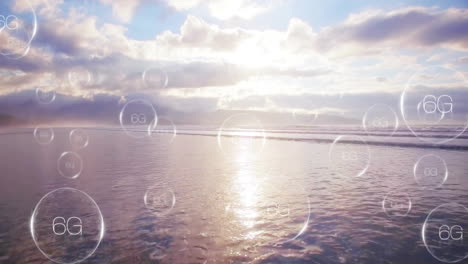 floating 6g network symbols over ocean during sunrise animation in school project