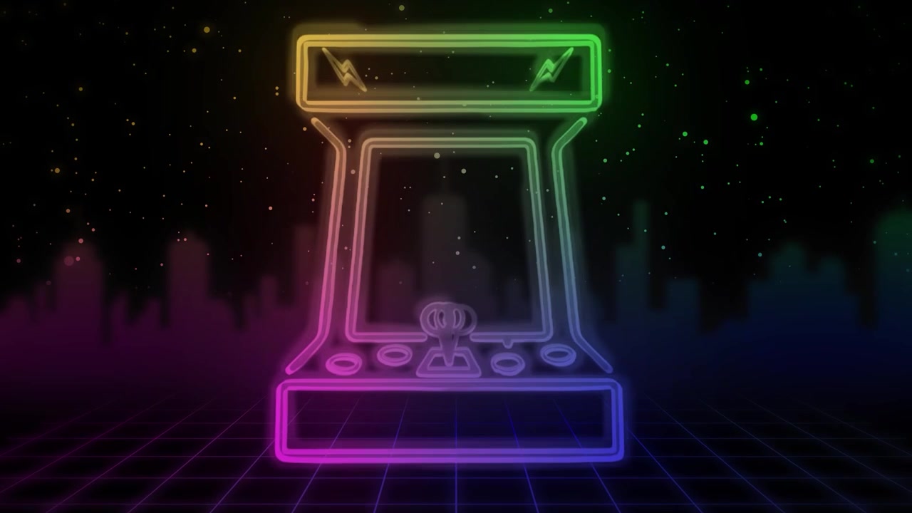 Retro Arcade Machine Neon Animation with Synthwave Aesthetic