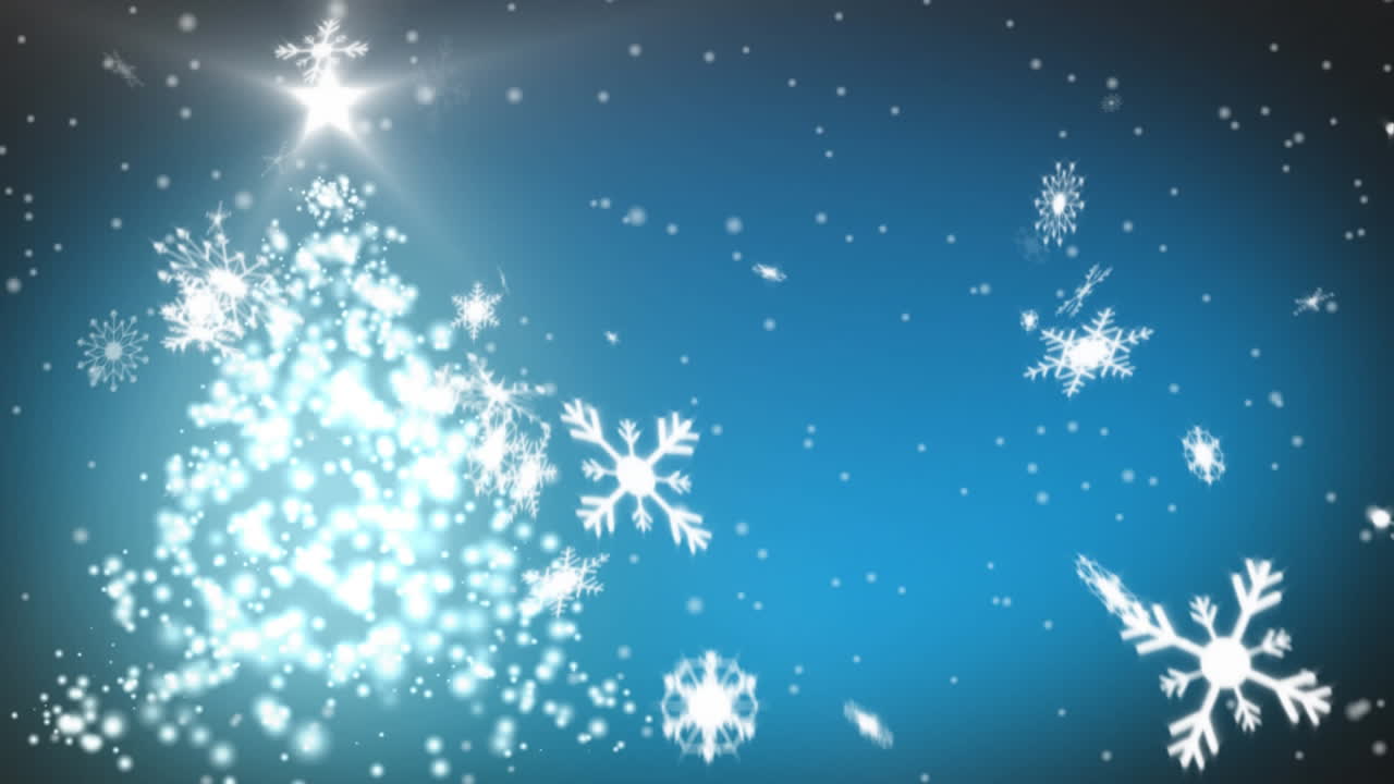 파란 배경 에 있는 눈송이 와 크리스마스 트리