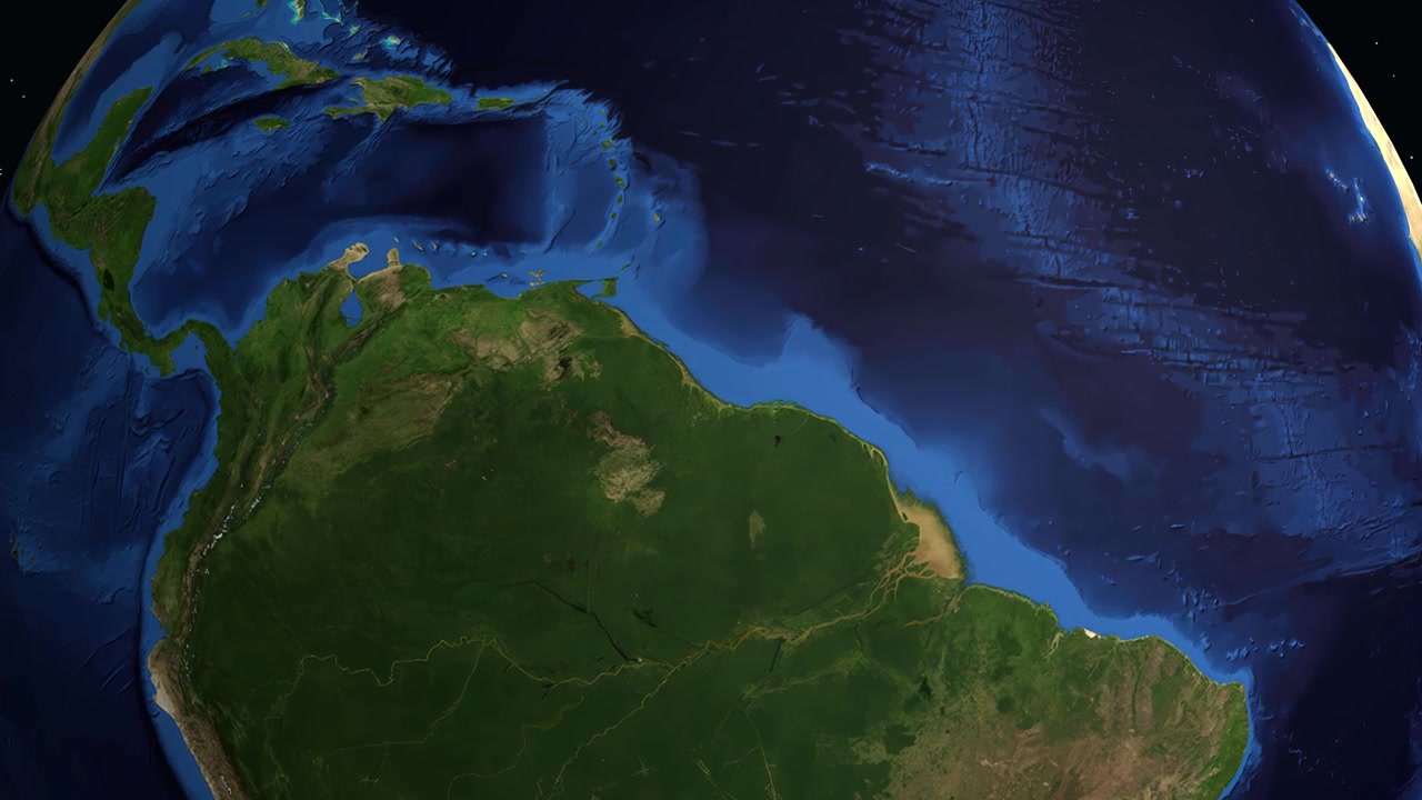Animazione 3D della Terra che zooma su New Amsterdam, Guyana