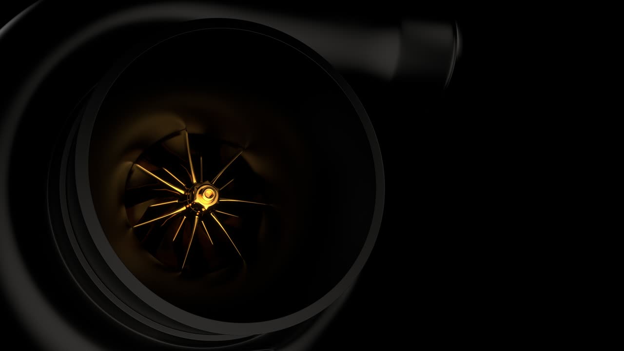 Sleek Modern Black Turbocharger with Gold Compressor Blade Rotating Loop
