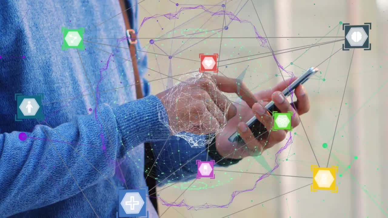 animación de conexiones web sobre hombre caucásico de pie en la calle