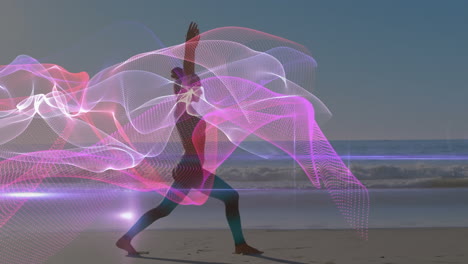 animation of colorful shapes over caucasian woman praciticing yoga on beach