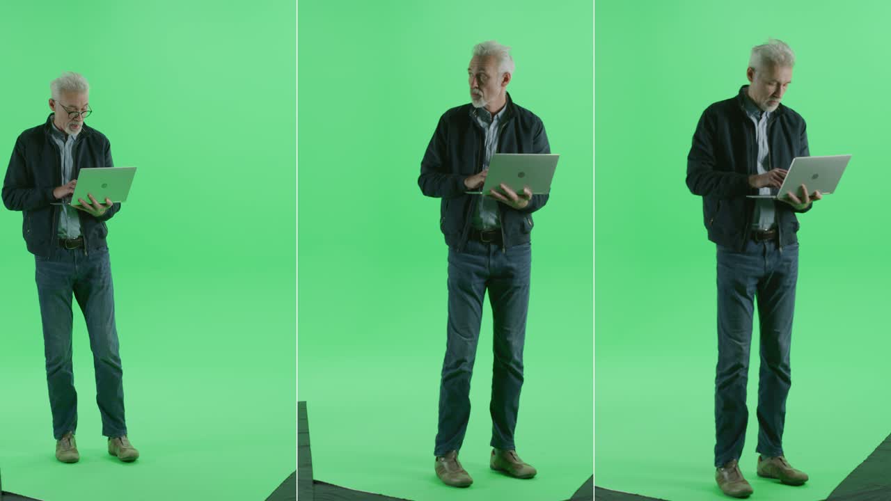 3 인 1 녹색 스크린 콜라지: 캐주얼 옷을 입은 잘생긴 중년 남성, 서서, 노트북 컴퓨터를 들고, 그것을 사용하고, 타이핑. 다중 각도 최고의 가치 패키지: 앞,, 뒷 시각