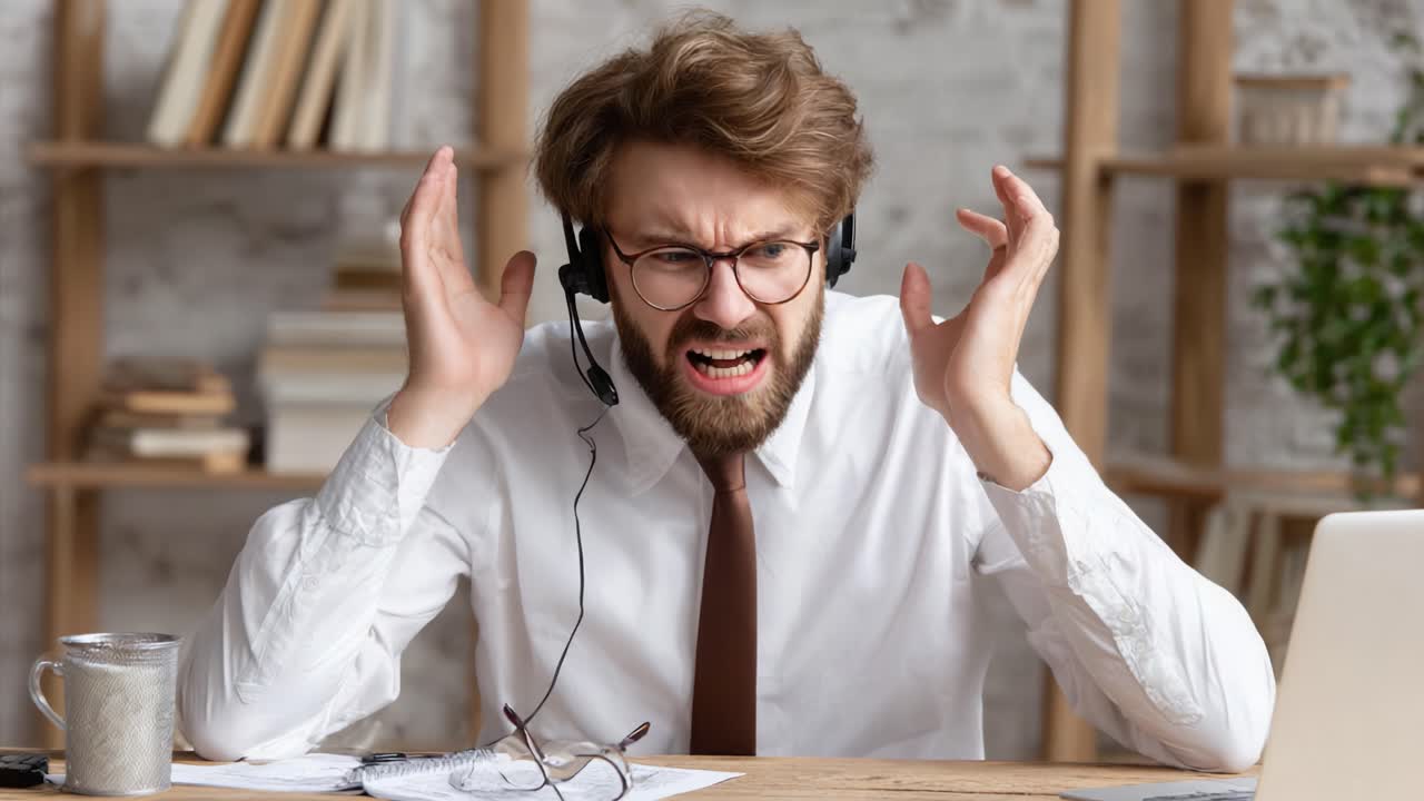 Un addetto all'assistenza clienti frustrato fatica a risolvere i problemi durante una chiamata problematica, il che evidenzia le sfide degli ambienti di lavoro da remoto