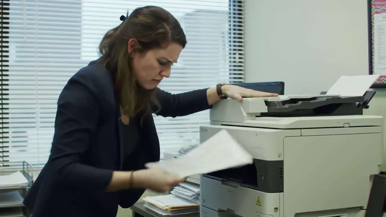 A focused employee uses a multifunction printer in an office to scan important documents while managing a stack of papers. The setting is bright and organized, highlighting a professional atmosphere.