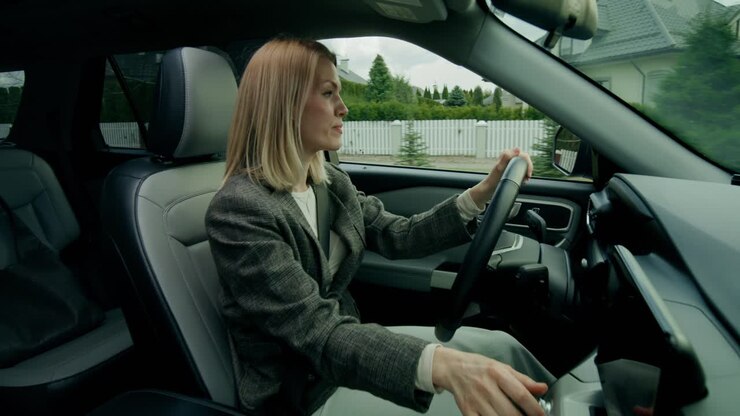 Donna che guida un'auto in periferia