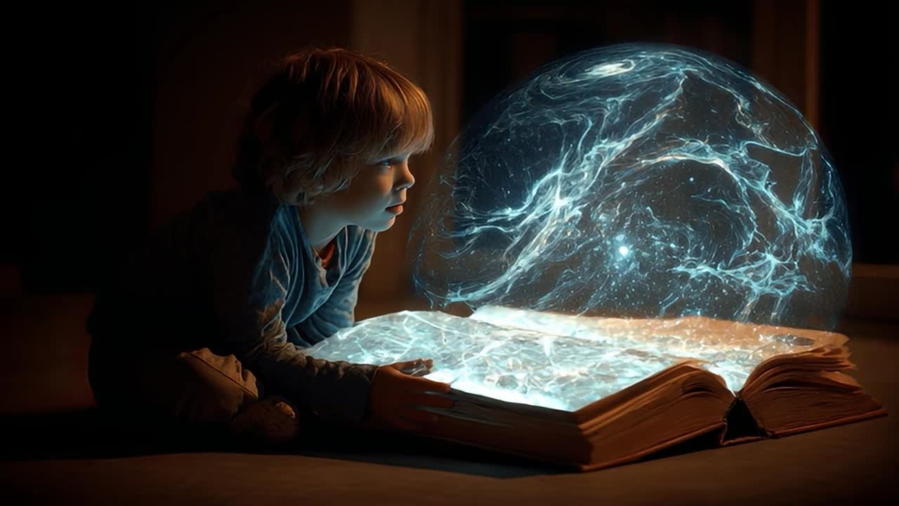Bambino esplora un libro magico con illustrazioni di galassie fluttuanti