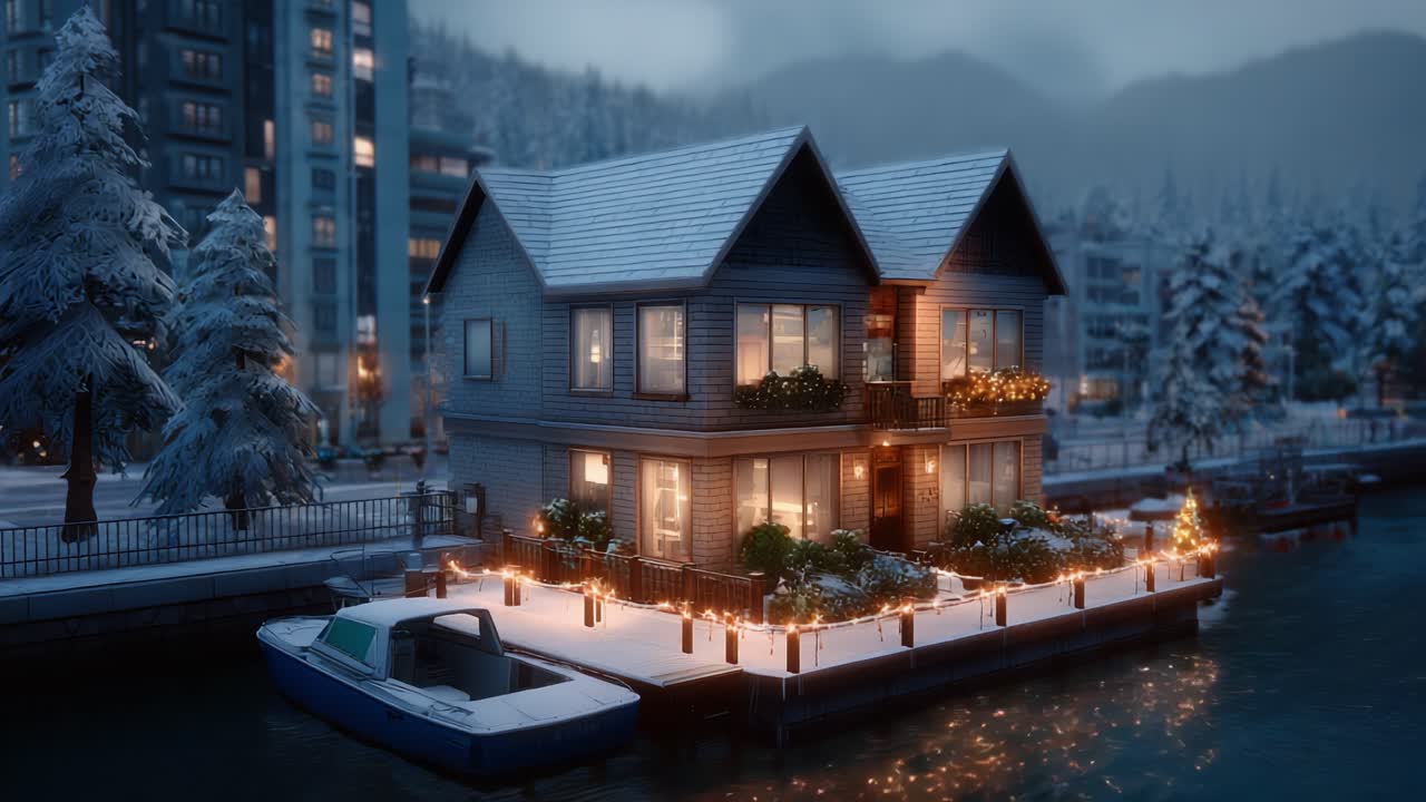 A Winter Wonderland: Cozy Waterfront Retreat Embraced by Snowy Trees and Twinkling Lights, Perfectly Captured in a Serene Evening Atmosphere