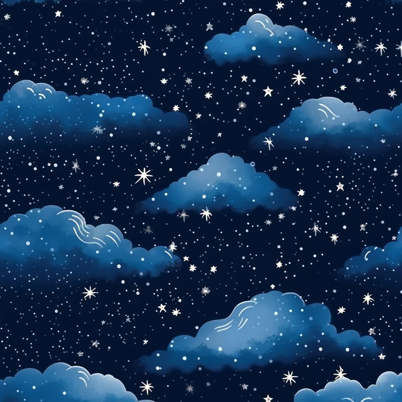 A whimsical night sky illustration with fluffy clouds and twinkling stars