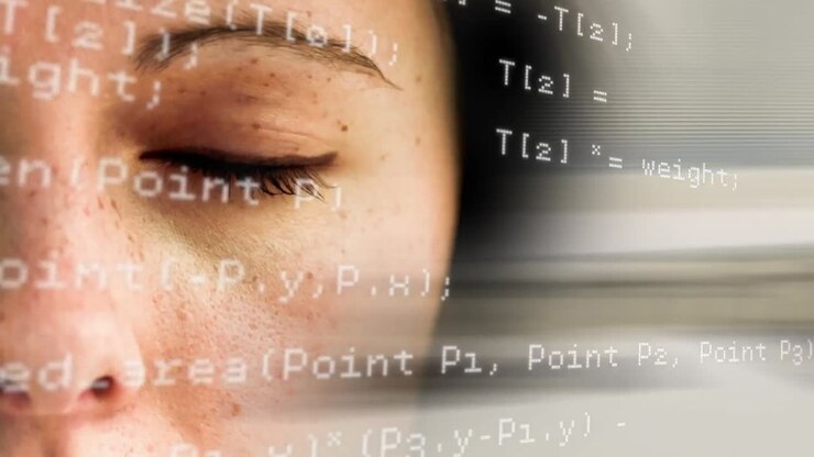 Animation of data processing over eye of caucasian woman