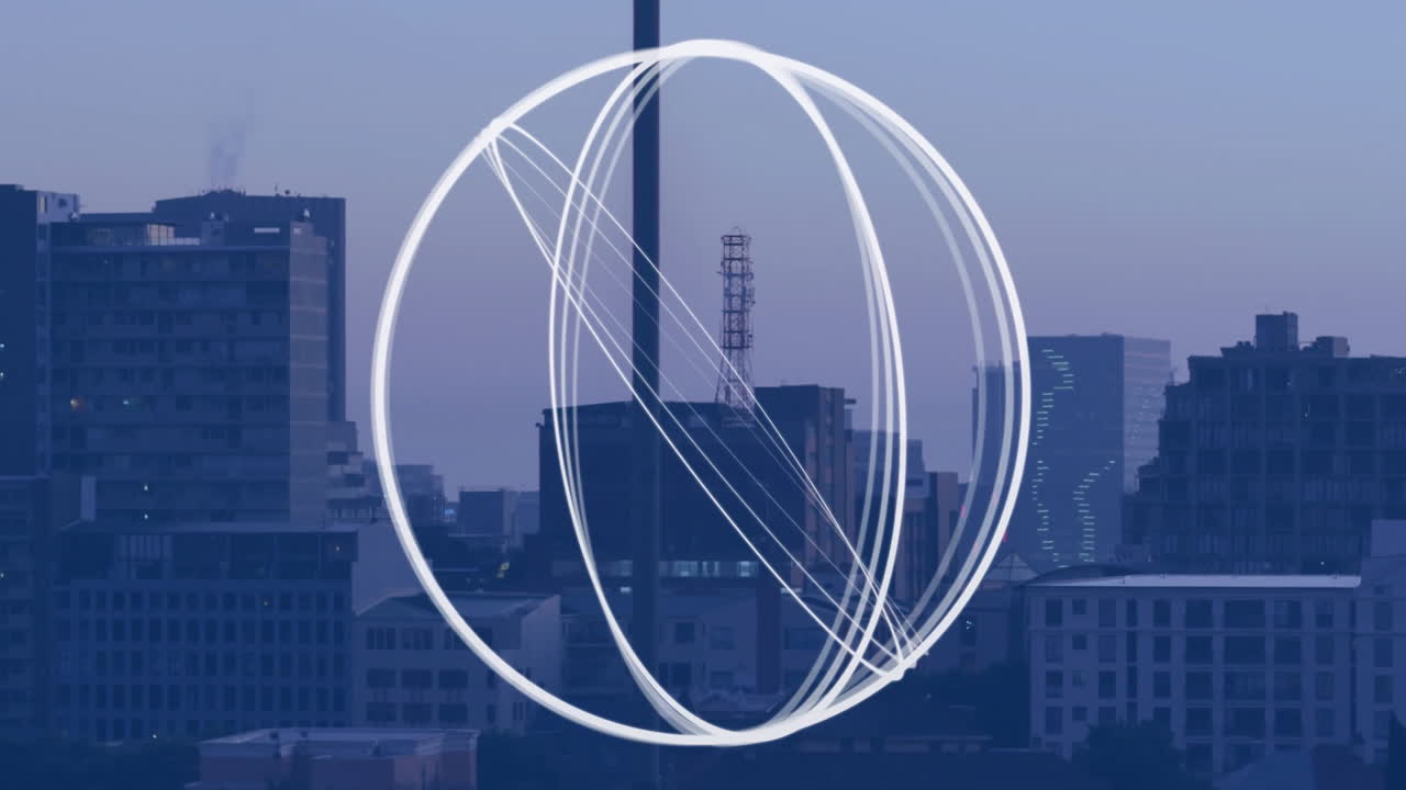 Urban cityscape showing digital rings swirling around antenna mast at dusk, with 3D render style