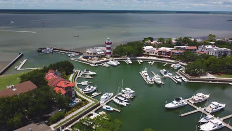 a wide drone shot of harbor town on hilton head island, sc