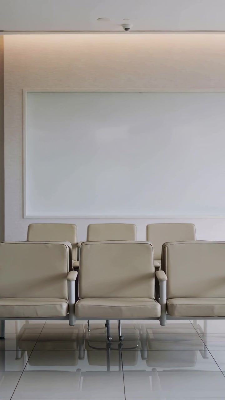 Vertical video: Tilting camera revealing linked beige chairs in reception, showing ceiling cam