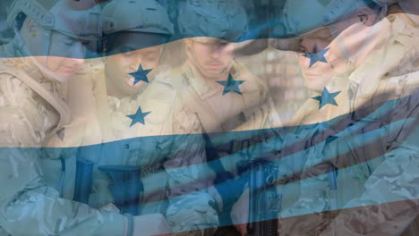 animation of flag of honduras over caucasian male soldiers planning strategy