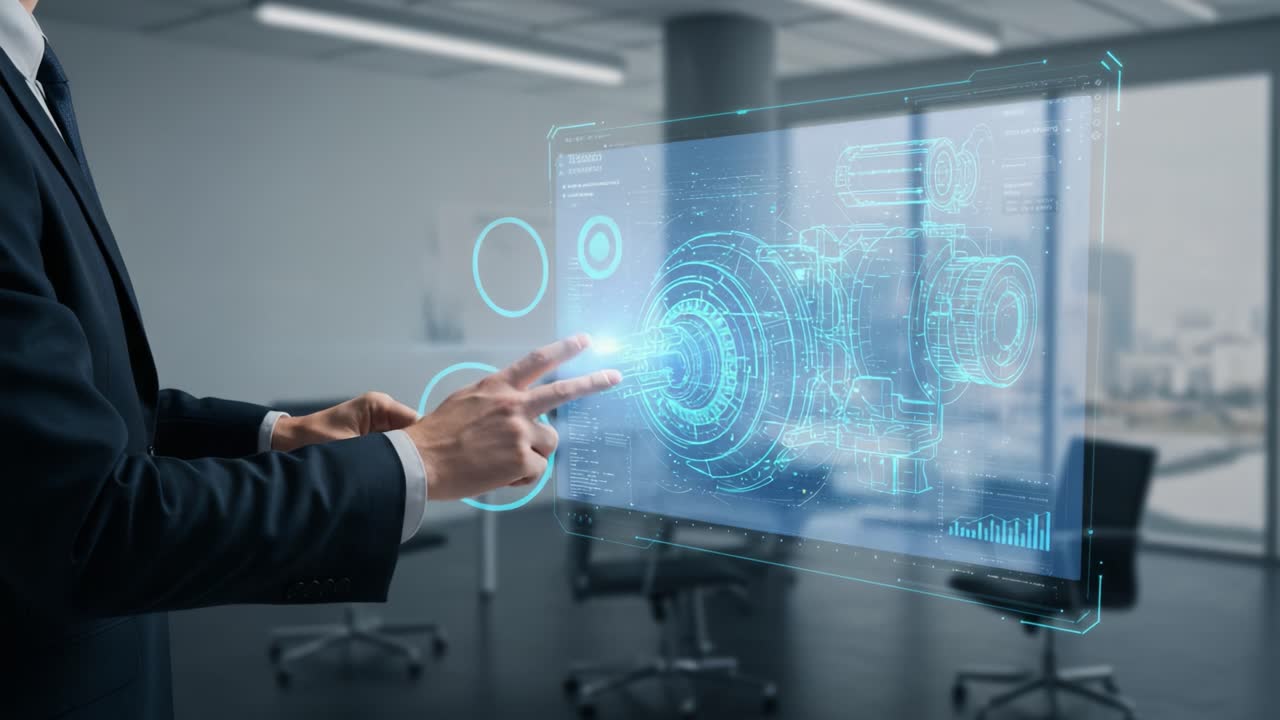 A Business Professional Interacting with a Holographic Display of a Complex Mechanical Engine Component in a Modern Office Environment