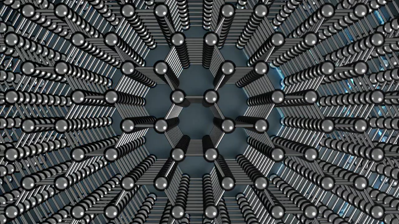 Grafenová EV vodivostní vrstva, horizontální smyčka kovu. Tato 3D animace nanotechnologie představuje inženýrství na molekulární úrovni.