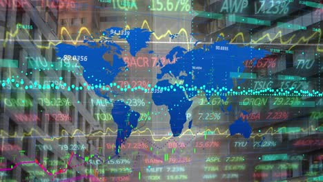 animation of stock market data processing over world map against tall buildings