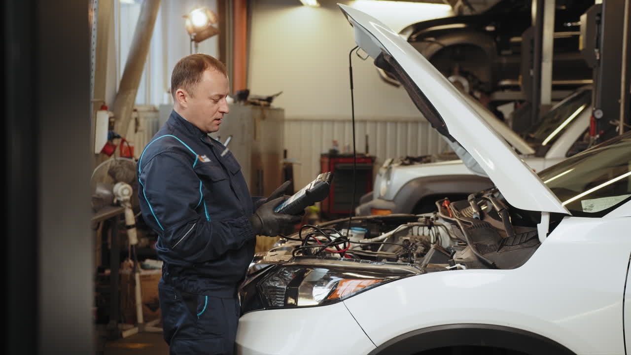 mecánico diagnosticando un coche en un taller de reparación