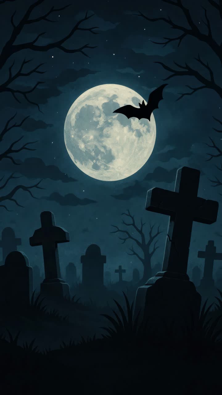 Eerie night scene with a full moon, silhouetted graves, and a bat in flight