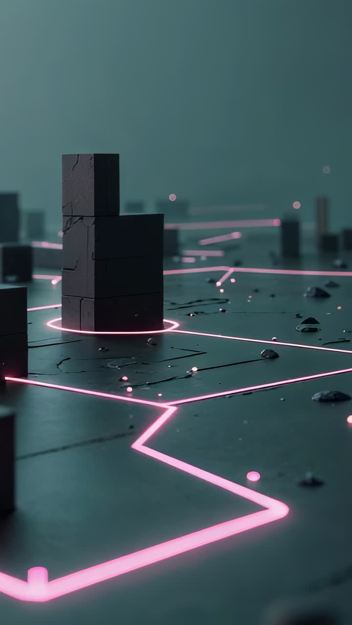 Vídeo vertical: anel pulsante criando prisma emergente, câmera se afastando e inclinando-se através da grade hexagonal