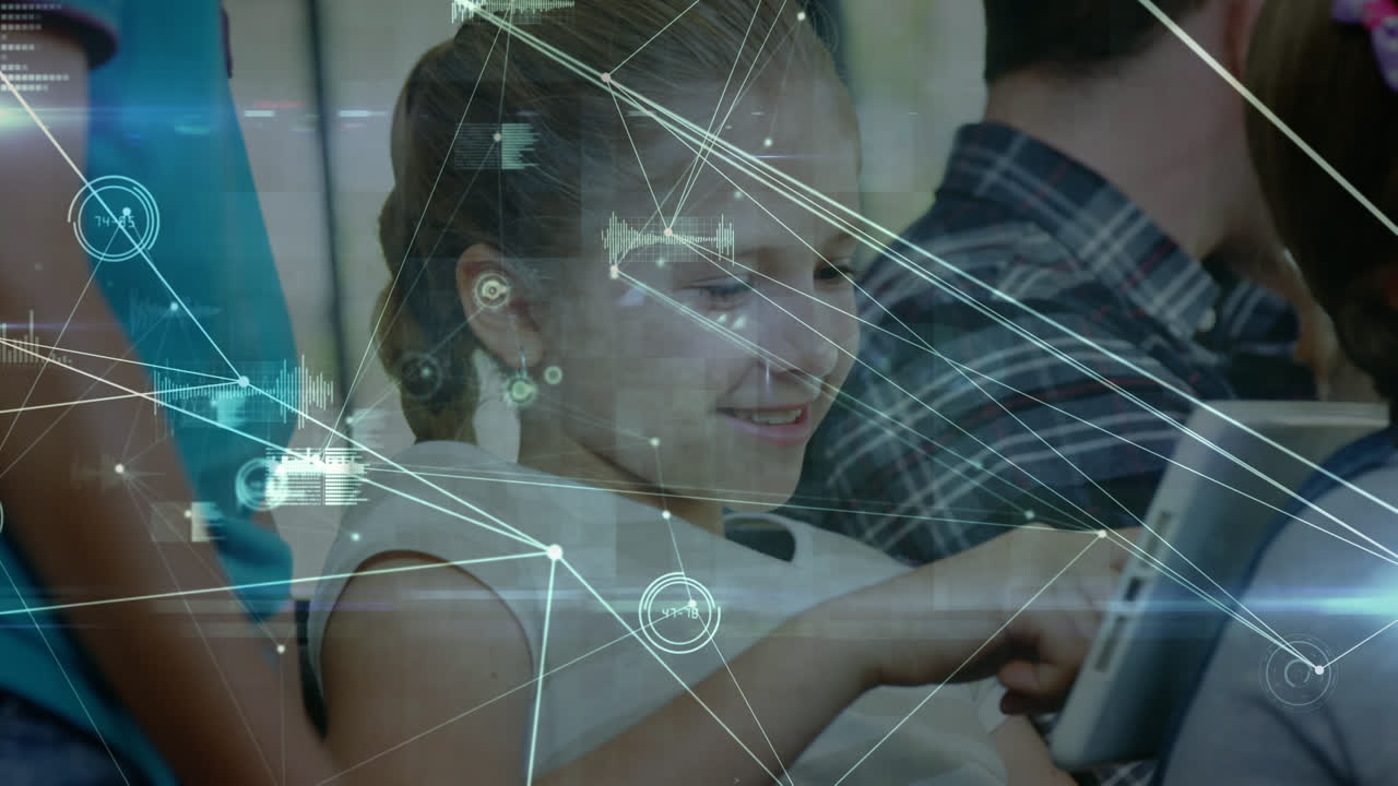 animación de una red de conexiones entre diversos escolares que utilizan tabletas