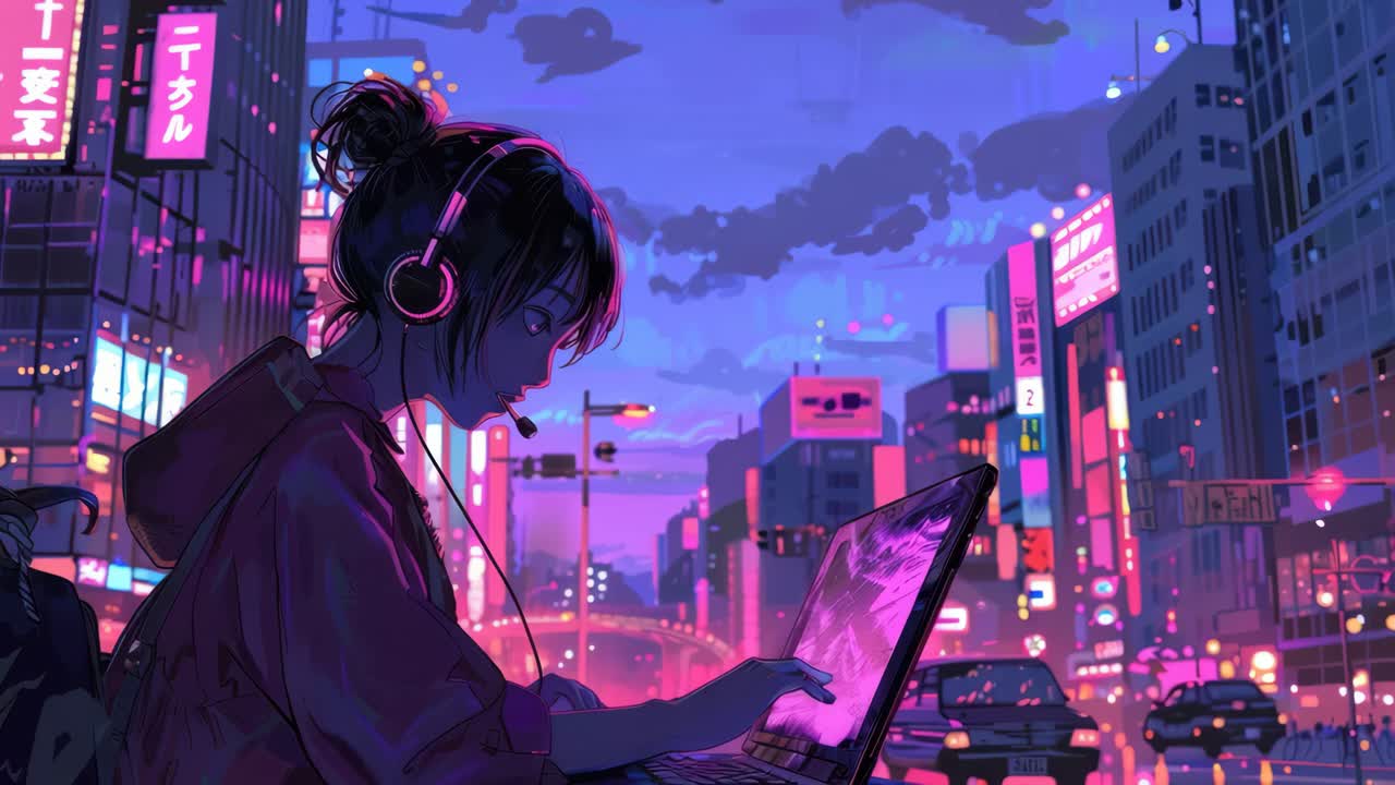 Paesaggio urbano in stile anime al crepuscolo con una ragazza che usa un laptop