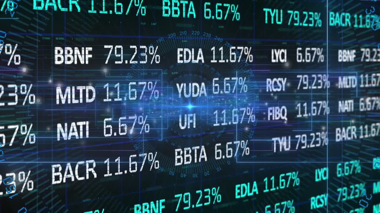 Animation of stock market data processing over blue round scanner against black background