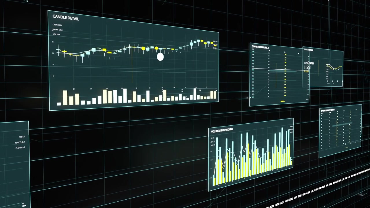 Gliding camera, playback starting over virtual data-wall, guiding white marker to highlight charts