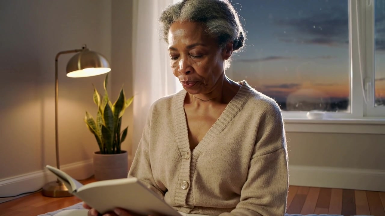 Responding to sunset light senior woman in beige cardigan opening eyes and reading book at home