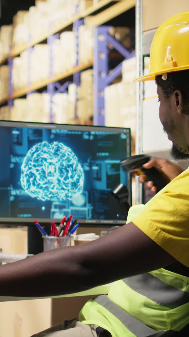 Vertical Video Black worker scanning to register shipping labels tracking info with AI brain