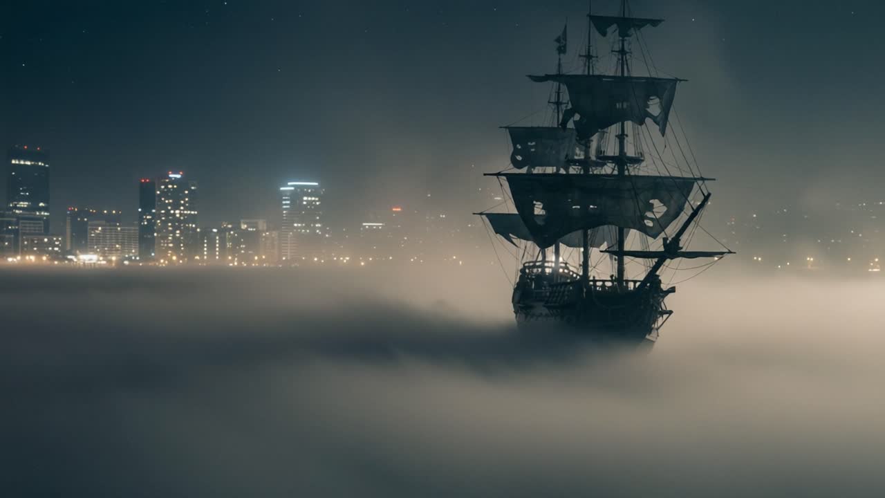 A Mysterious Ghost Ship Sailing Through Fog Beneath a Starry Night Sky ...